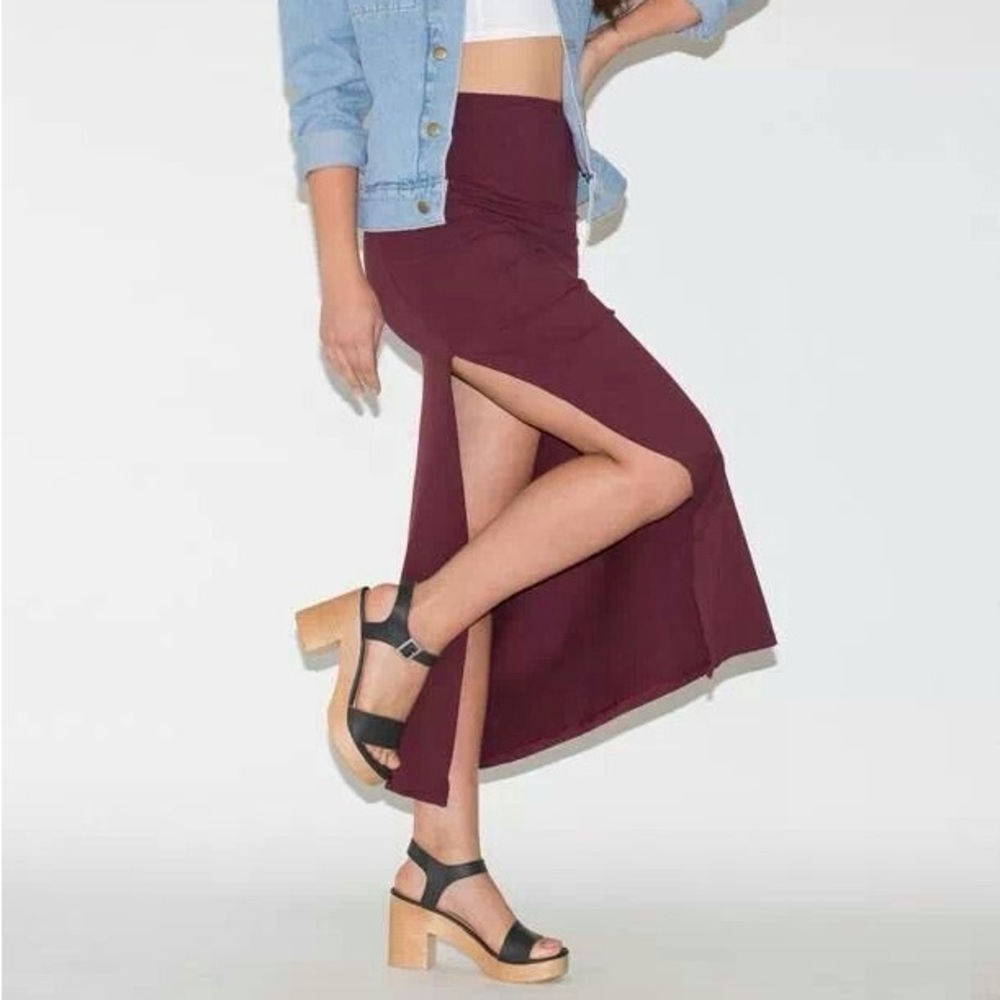 American Apparel Burgundy Stretchy Cotton Side Slit Maxi Skirt XS